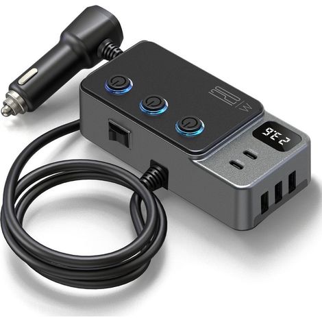 Allume-cigare de voiture, 1 à 3 prises 120 W, interrupteur indépendant, 3 ports USB, chargeur de téléphone portable (1/4)