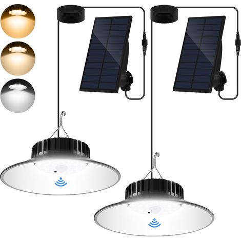Lampes Solaire Suspendues Détecteur De Mouvement, 3 Couleurs Lampes Solaires Extérieur, AUTO ON/OFF, IP65 Étanche Eclairage Solaire pour Balcon, Terrasse, Garage, Jardin, 2 Pièces (1/5)
