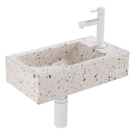 FugaFlow Eccelente Pietra Ensemble de fontaine - 40x22x10cm - trou de robinet à droite - robinet de fontaine mat blanc - bouchon de vidange - siphon