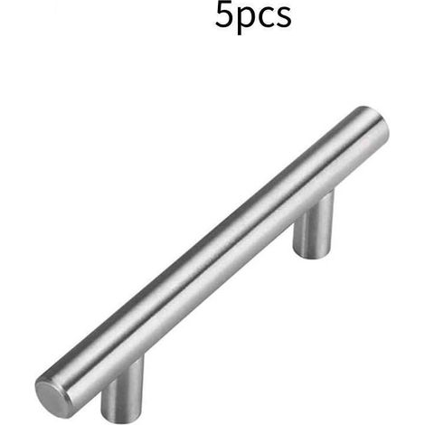 Lot de 5 poignées de tiroir en nickel brossé pour armoires de cuisine, poignées de commode à barre en T de style européen, trou central de 6,35 cm