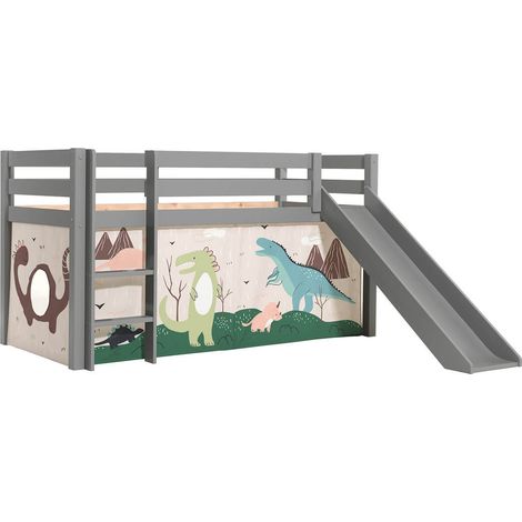SLEEPY - Lit Mi-Haut Tobogan Laqué Gris 90x200cm Housse Dino (1/4)
