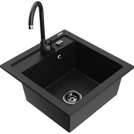 Mexen Vito fregadero de cocina de granito de 1 cubeta con grifo Telma, negro - 6503-77-670200-70-B (1/5)
