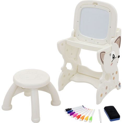 Tavolo da Disegno per Bambini Bianco, con Lavagna e Sgabello – Cavalletto Creativo 3 in 1 per Bambini dai 3 Anni - Design a Forma di Animale - Inclusi Pennarelli e Spugna, Facile da Pulire (1/5)