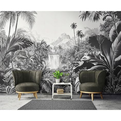 Vlies Fototapete Landchaft 400x280 cm, Tapeten, für Wohn und Schlafzimmer, Vliestapete Wandtapete Tapete 3D Effekt- inkl. Kleister - Dschungel See schwarz weiß tropisch, WallArena (1/4)