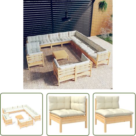 INLIFE Salon de jardin 14 pcs avec coussins crème Bois de pin solide (1/5)