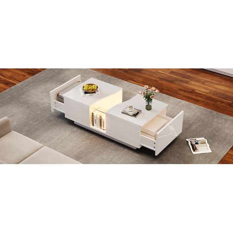 Table basse LED moderne avec 2 tiroirs – 100 x 50 x 35 cm, table d’appoint blanche brillante avec éclairage LED et plaque en acrylique, table d’appoint en MDF pour salon, chambre (1/5)