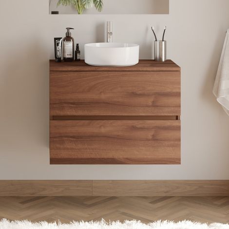 Meuble de salle de bain 60cm avec plateau et vasque à poser ronde - 2 tiroirs - sans miroir - noyer (bois foncé) - IDA (1/5)