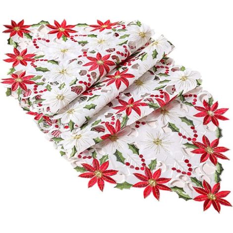 Populaire Satin Broderie NoL Poinsettia Fleurs Lit Table Drapeau Couverture Nouvel Un D¨Cor ¨¤ la Maison pour Salle à Manger, Jardin, Café,Fête (1/4)