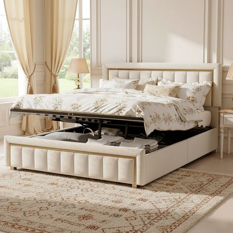 Lit coffre 140x190, Lit double capitonné avec tête de lit verticale – Rangement intégré, sommier à lattes – Flanelle, blanc cassé (1/5)