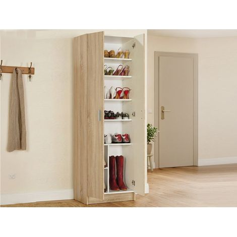 Armadio multiuso 2 ante Altiplano, Mobile ausiliario, Guardaroba porta scarpe moderno, Scarpiera verticale, 59x37h180 cm, Rovere