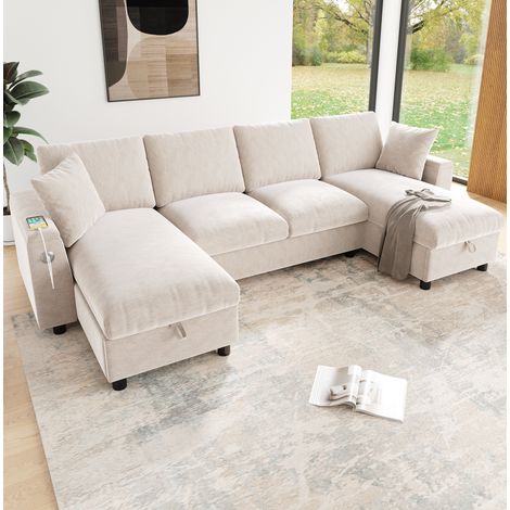 Divano a U 284x135x84 cm beige in chenille con contenitore, USB e Type-C (1/5)