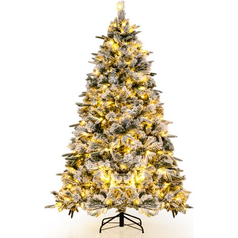 Costway – Sapin de Noël artificiel 215 cm – 1096 branches floquées – 300 lumières LED blanches chaudes – PVC et PE ignifuges (1/5)