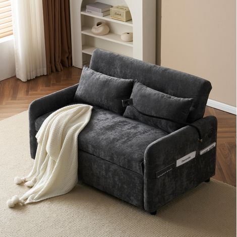 Schlafsofa 129x76x81 cm grau aus Chenille mit Schlaffunktion, USB-Anschluss und verstellbarer Rückenlehne (1/5)