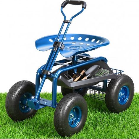 Siège de Jardin Roulant Pivotant à 360° Tabouret de Jardinage sur Roues Gonflables 25,4 cm Chariot avec Siège 760x450x960 mm Poignée Extensible Plateau à Outils pour Terrasse Cour Extérieur Bleu (1/4)