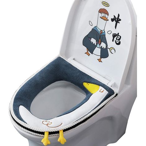 Housse de siège de toilette, housse de siège de toilette en tissu antibactérien lavable et chaud, siège de toilette avec poignée, bleu (1/5)