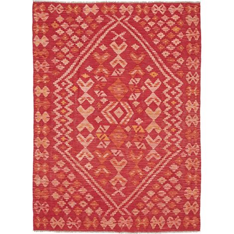 Tapis d'orient 130 x 179 cm, motif ethnique, laine naturelle, rouge, orange et rose, tissé artisanal pour chambre (1/5)