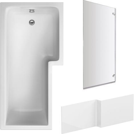 L Shape 1700x850 Shower Bath Set – Front Panel & Chrome Square Hinge Screen, Right Hand