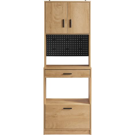 SoBuy Credenza alta da cucina con pegboard Ripiano per microonde e ampio spazio contenitivo Mobile multiuso vintage Naturale 60x40x170 cm FSB98-N