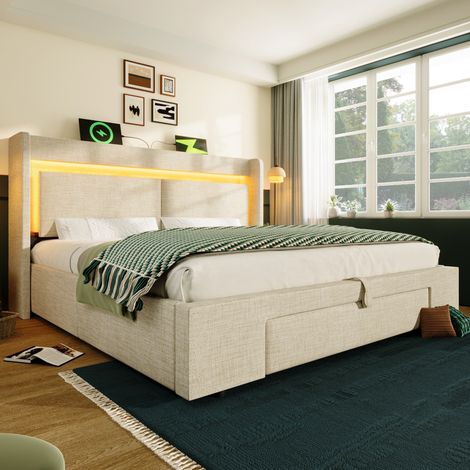 MEUBLIV Bettgestell 180x200 cm Beige – Stauraum, LED und USB-Anschluss, ohne Matratze (1/5)