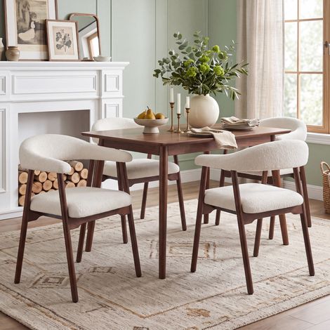 4 chaises de salle à manger en bois massif, confortables et respirantes, adaptées pour les salles à manger, salons, cafés, style moderne, bouclée, couleur bois de noyer + beige