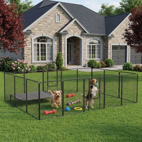 Parc pour chiots, conception modulaire, 16 éléments, 2 portes, résistant aux intempéries, acier, 3,2 x 3,2 x 1 m, gris (1/5)