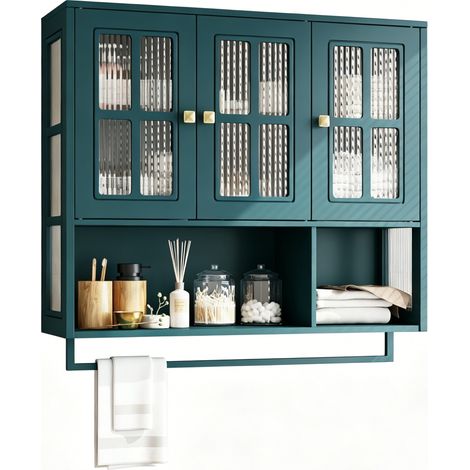 Badezimmer-Wandschrank mit 3 Türen aus MDF und gehärtetem Glas 88 x 26 x 82,5 cm dunkelgrün MODENUIT (1/5)