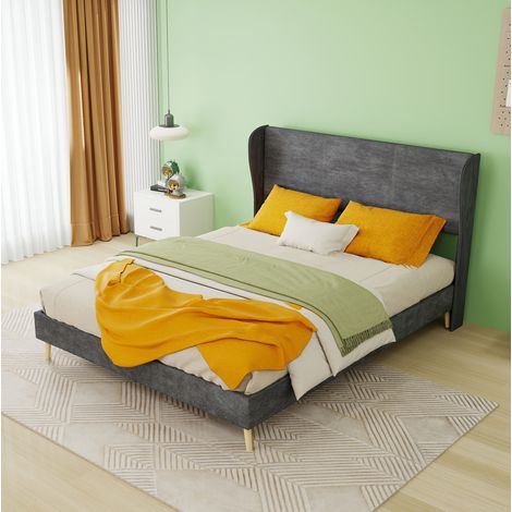 Bett modern gepolstert 140x200 cm Grau, Metallgestell mit weichem Kopfteil aus Stoff (1/5)