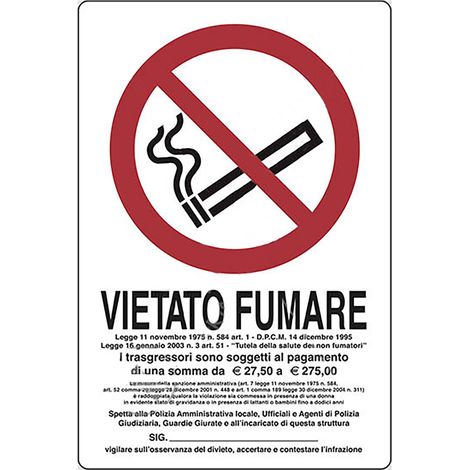CARTELLO SEGNALETICA VIETATO FUMARE - LEGGE 11 NOVEMBRE 1975, N. 584 - EUROSIGNALS (1/2)