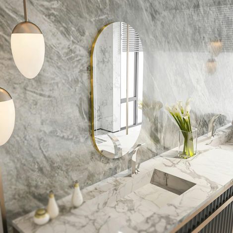 Miroir salle de bains ovale argenté, bordure dorée 85 cm CODY (1/5)