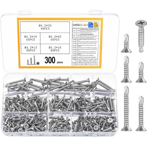 300 PcsVis Autoforeuse Metal, M4,2 Vis Autoperforante,vVis Autotaraudeuses Inox, vVis à tôle, Vis Autoperceuses pour Bac Acier, Toiture de Tôles Ondulées, métalliques, plastique (1/5)