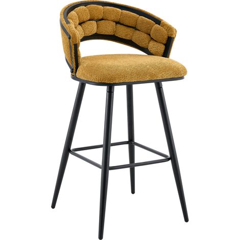 Lot de 4 tabourets de bar en velours jaune, dossier tressé, structure métal noir, confort rembourré et repose-pieds pour cuisine ou îlot central CHICFURN (1/5)