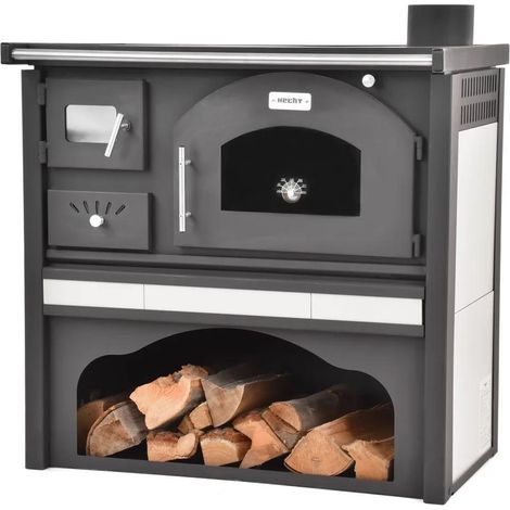 Stahl Kaminofen mit Backofen und Sichtfenster, 5,7 kW, beige