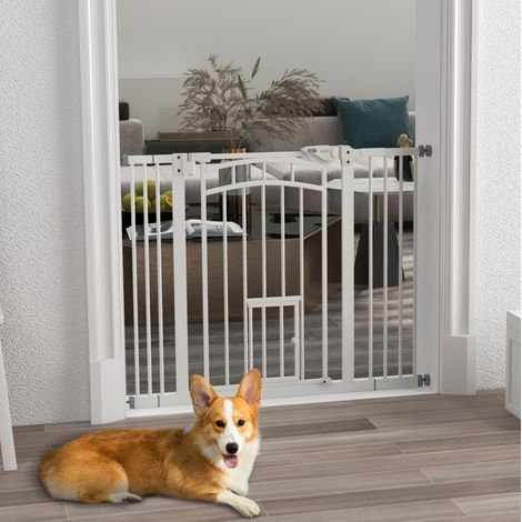 Barrière de sécurité pour chien auto-fermante avec chatière, 74-100 cm, blanche HAVRYA (1/3)