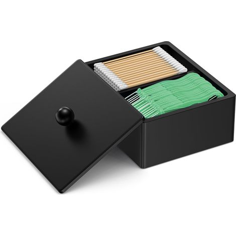 Porte-cotons-tiges avec couvercle, boîte de rangement pour tampons, 2 compartiments, distributeur de cotons-tiges pour salle de bain, coton et fil dentaire, noir (1/5)
