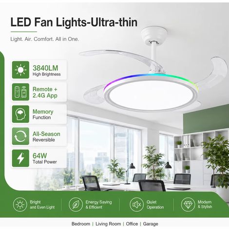 Ventilateur LED invisible ultra-fin – APP 2.4G + télécommande, 64W (32W moteur + 32W lumière) – 3850LM, RGB 3000K-6000K – Mémoire, réversible été/hiver – Idéal pour chambre, salon, garage et bureau (1/5)