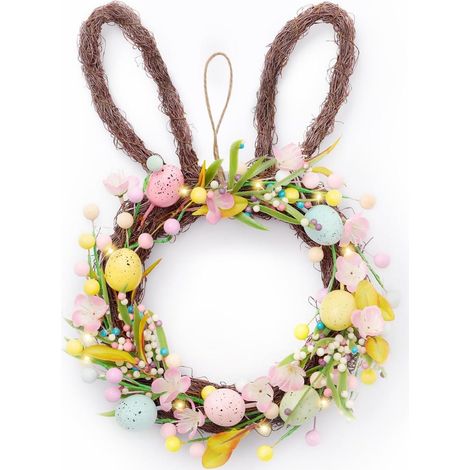 Krans Paques - 40 cm - Avec Oeufs De Paques Et Lapins - Decoration Printemps Pour Porte Mur - LED Integre - Rayon Et Rotin (1/5)