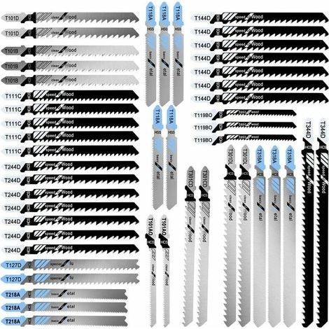 Lame Scie Sauteuse à Tige en T, 48PCS Lame Scie Metal Fabriquées en HCS/HSS/BIM, T118A T218A T318A T127D T144D T244D, Compatibilité avec Bosch Dewalt pour la Coupe du Bois et du Métal (1/5)