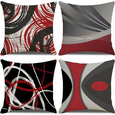 Set of 4 Cushion Covers 45x45cm, Red Black Geometric Pattern Decorative Sofa Pillowcase in Cotton and Linen for Sofa Bed Bedroom Chair Garden (1/5)