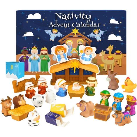 Calendrier De Lavent Nativité - 24 Figurines En Plastique - Stable Et Arrière-plan Illustré - Pour Décoration Intérieure Et Activités Éducatives - Lot Complet (1/5)