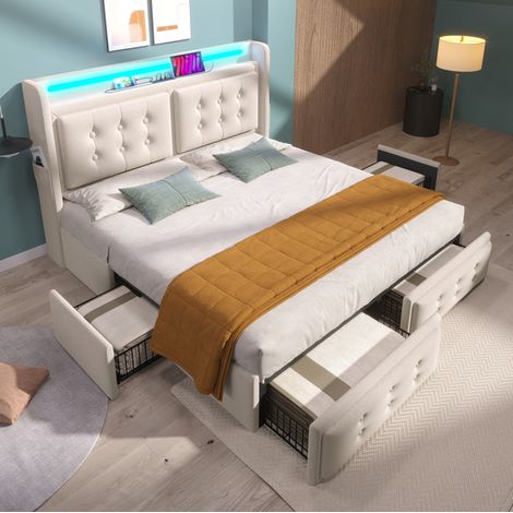 FLORAGRACE Lit coffre 140x200 cm en lin beige avec tête de lit LED, ports USB et USB-C, 4 tiroirs, sans matelas (1/5)