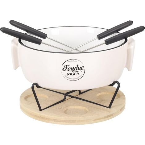 Service à Fondue Chauffe-Plat 4 Piques Céramique et Bambou (1/5)