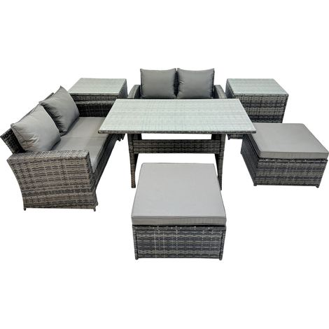 Fimous 6 Seater Wicker PE Rattan Furniture Outdoor Dining Table Double Seat Sofa 2 Side Table 2 Big Stools Set Dark Grey Mixed (1/5)