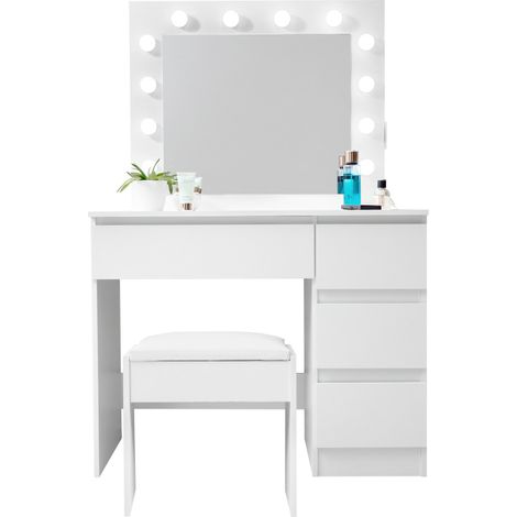 Aga Tavolo da toeletta con specchio, illuminazione ed el.presa + sgabello Bianco opaco