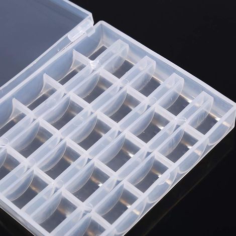 Kunststoffkoffer für leere Spulen mit 25 Fächern. Transparente Aufbewahrungsbox mit Klappdeckel. Design.