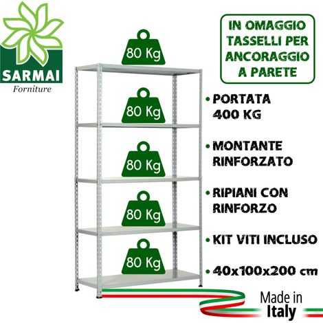 KIT SCAFFALE METALLO 5 RIPIANI 100x40x200 GRIGIO 400 Kg MODELLO RINFORZATO (1/2)