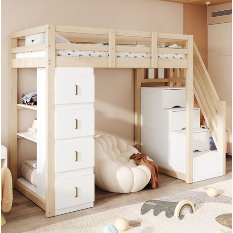Cama alta 90x200 cm color madera natural de pino con cajones, estantería y escalera segura (1/5)