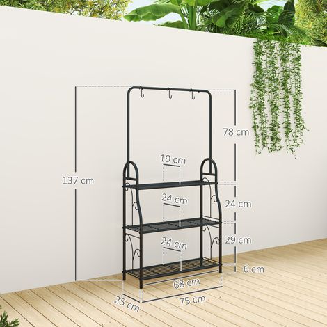 Support à plantes 3 niveaux avec tringle et crochets - Étagère fleuriste en métal, 137 cm - Pour salon, jardin et balcon, noir. (1/5)