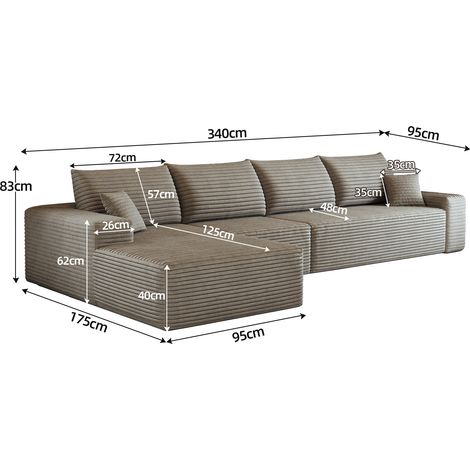 Canapé angle modulaire sans structure 340 cm méridienne L, moderne assise profonde sans montage compressé, salon chambre appartement, coloris camel (1/5)