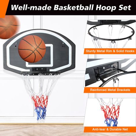 Panneau de basket mural avec arceau et filet, 72,39 x 45,72 cm, planche incassable, usage intérieur/extérieur, noir (1/5)