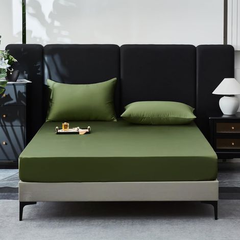 Drap Housse 140x190 Coton Satin Vert Olive Bonnet 30 cm Drap Housse 140x190 Satin de Coton Rafraîchissant Doux Respirant Deluxe Soyeux Drap de lit pour Matelas Épais, Certifié Oeko-Tex (1/5)
